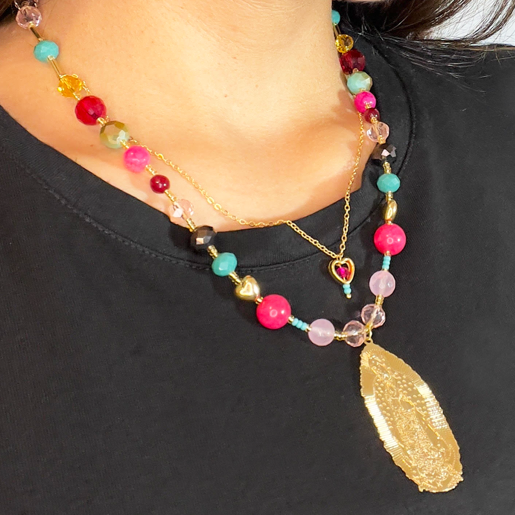 Mother of Guadalupe Necklace with Multicolored Stones and Crystals
