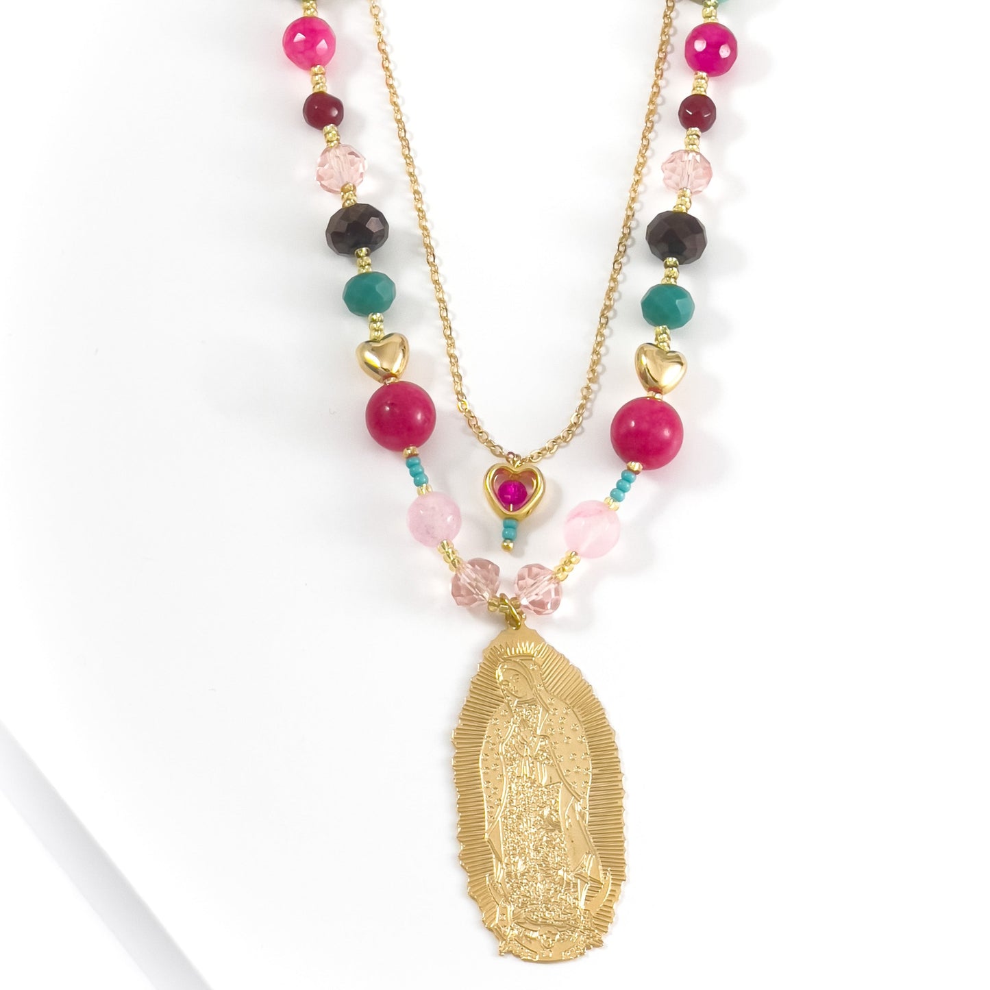 Mother of Guadalupe Necklace with Multicolored Stones and Crystals