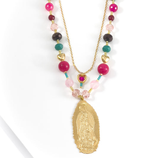 Mother of Guadalupe Necklace with Multicolored Stones and Crystals