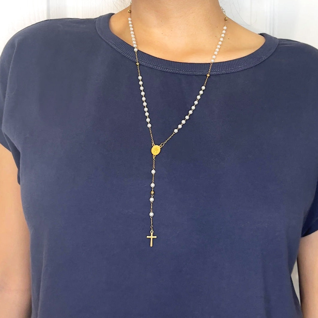 Classic Imitation Pearl Rosary with Miraculous Medal