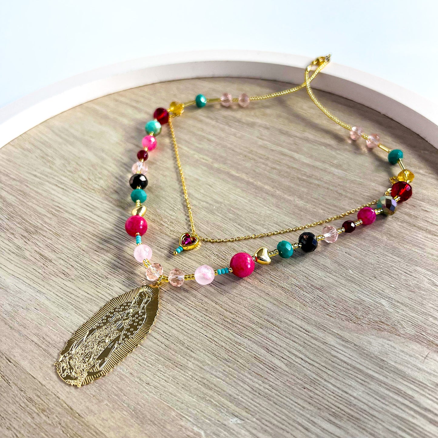 Mother of Guadalupe Necklace with Multicolored Stones and Crystals