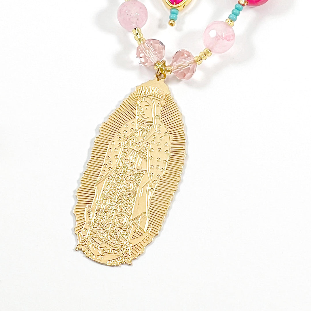 Mother of Guadalupe Necklace with Multicolored Stones and Crystals